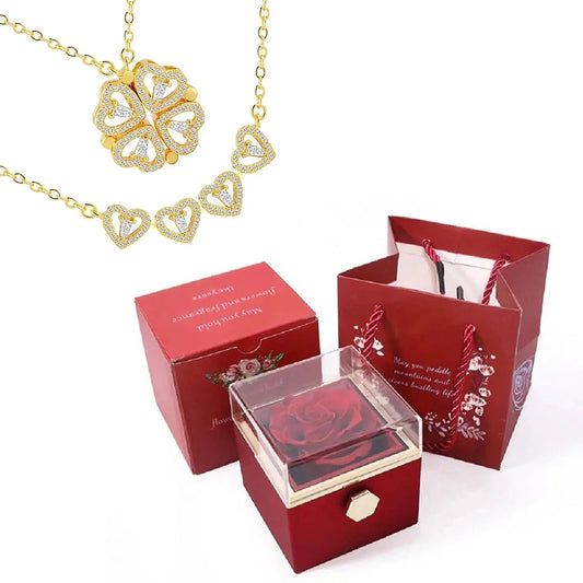 Rotating Rose Box-4 Clover Magnetic Heart Necklace